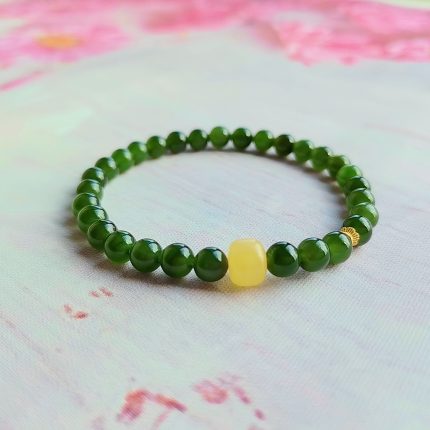 Natural Hetian Nephrite Jade Beaded Bracelet with Honey Amber —Harmony ·Vitality· Prosperity